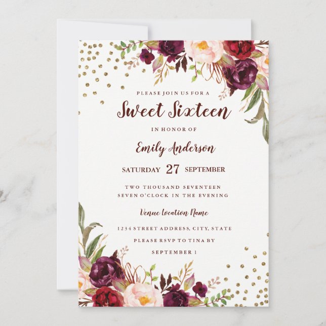 Floral Sparkle Burgundy Red Sweet Sixteen Invite (Front)