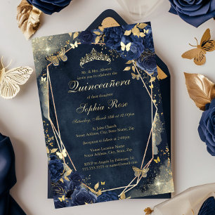 Floral Sparkle Butterfly Navy Gold Quinceanera