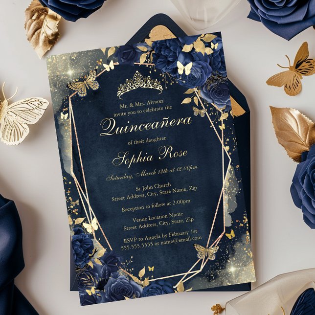 Floral Sparkle Butterfly Navy Gold Quinceanera (Creator Uploaded)