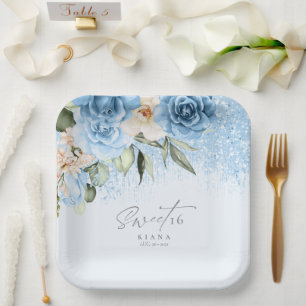Floral Sparkles Sweet Sixteen Blue ID912 Paper Plate