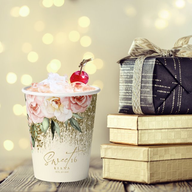 Floral Sparkles Sweet Sixteen Gold ID912 Paper Cups (Creator Uploaded)