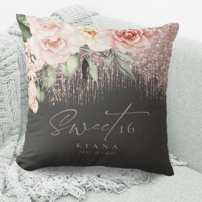 Floral Sparkles Sweet Sixteen Rose Gold/Blk ID912 Cushion (Creator Uploaded)