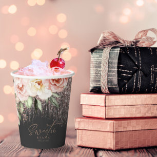 Floral Sparkles Sweet Sixteen Rose Gold/Blk ID912 Paper Cups