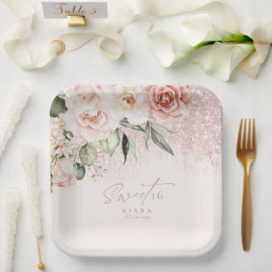 Floral Sparkles Sweet Sixteen Rose Gold ID912 Paper Plate