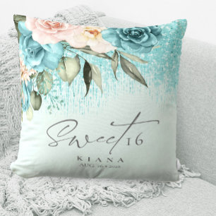 Floral Sparkles Sweet Sixteen Teal ID912 Cushion