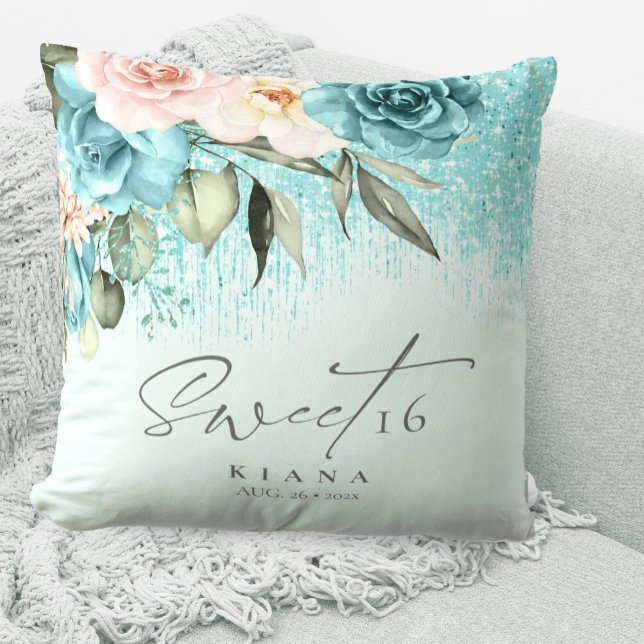Floral Sparkles Sweet Sixteen Teal ID912  Cushion (Creator Uploaded)