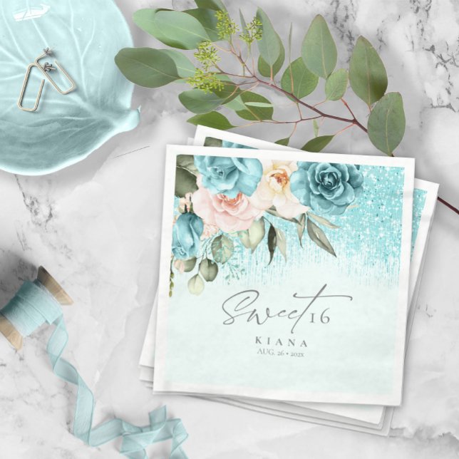 Floral Sparkles Sweet Sixteen Teal ID912 Napkin (Creator Uploaded)