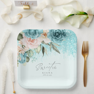 Floral Sparkles Sweet Sixteen Teal ID912 Paper Plate