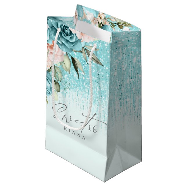 Floral Sparkles Sweet Sixteen Teal ID912 Small Gift Bag (Front Angled)