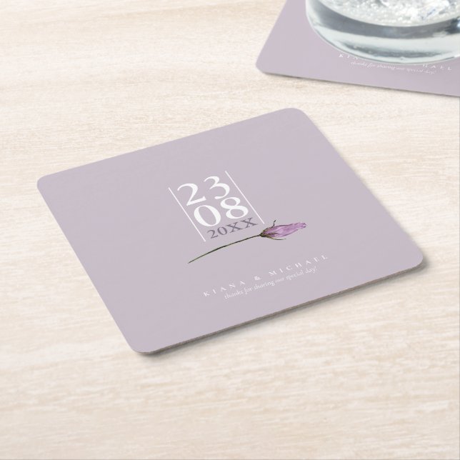 Floral Sparkles Wedding Date Mauve ID889 Square Paper Coaster (Angled)