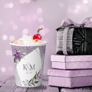 Floral Sparkles Wedding Initials Mauve ID889 Paper Cups