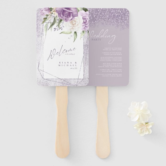 Floral Sparkles Wedding Party or Program ID889 Hand Fan (Front and Back)