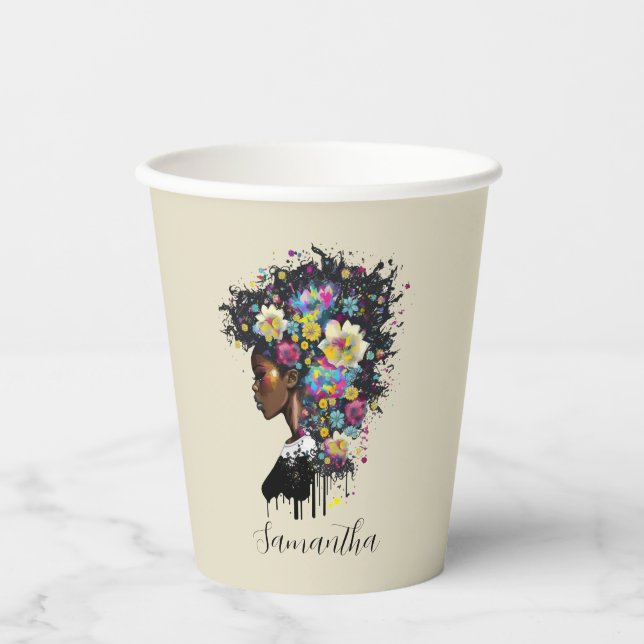 Floral Sparkling African American Woman Paper Cups (Front)
