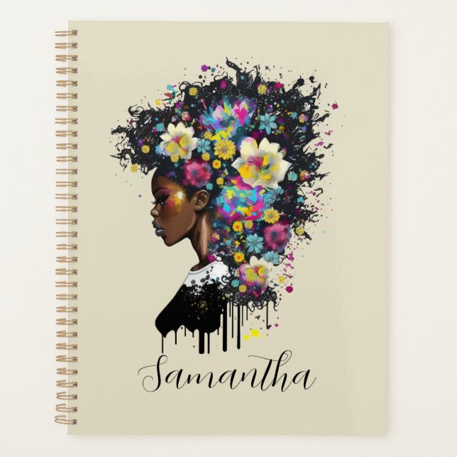 Floral Sparkling African American Woman Planner (Front)