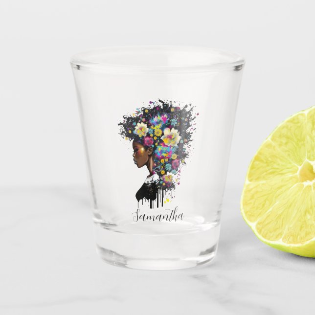 Floral Sparkling African American Woman Shot Glass (Front)