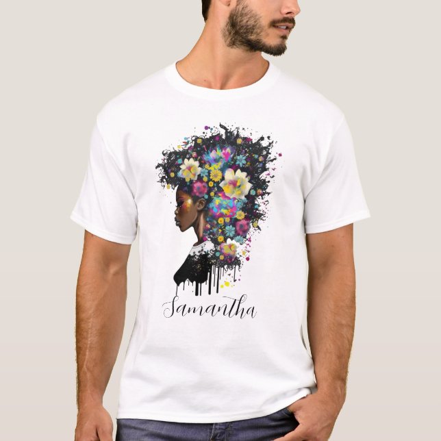 Floral Sparkling African American Woman T-Shirt (Front)