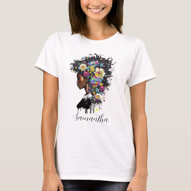Floral Sparkling African American Woman T-Shirt (Front)
