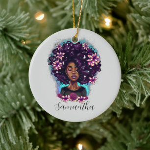 Floral Sparkling Afro Woman Ceramic Tree Decoration