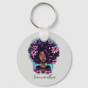 Floral Sparkling Afro Woman Key Ring