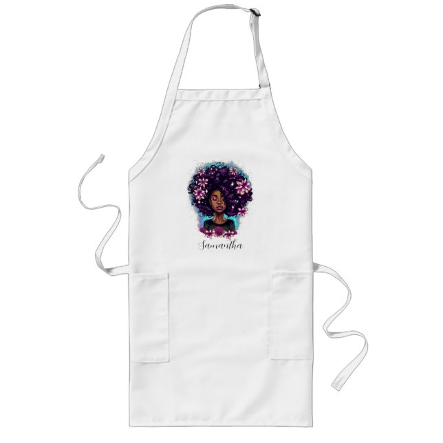 Floral Sparkling Afro Woman Long Apron (Front)
