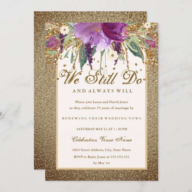 Floral Sparkling Amethyst Vow Renewal Anniversary Invitation (Front/Back)
