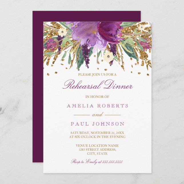 Floral Sparkling Amethyst Wedding Rehearsal Dinner Invitation (Front/Back)