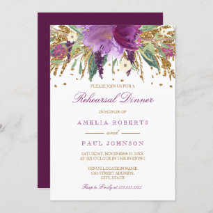 Floral Sparkling Amethyst Wedding Rehearsal Dinner Invitation