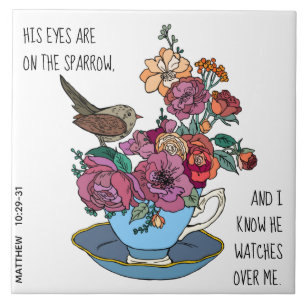 Floral & Sparrow, w verse from Matthew 10:29-31 Tile