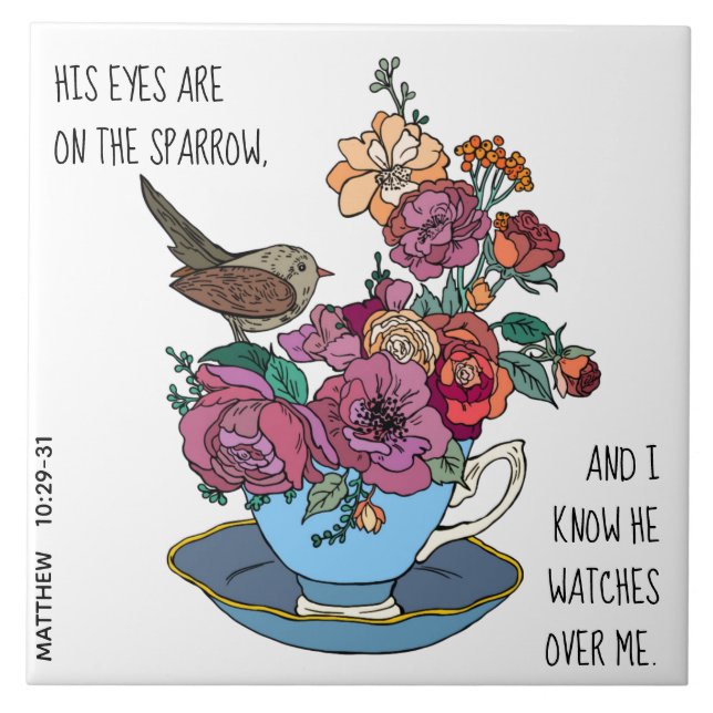 Floral & Sparrow, w verse from Matthew 10:29-31 Tile (Front)