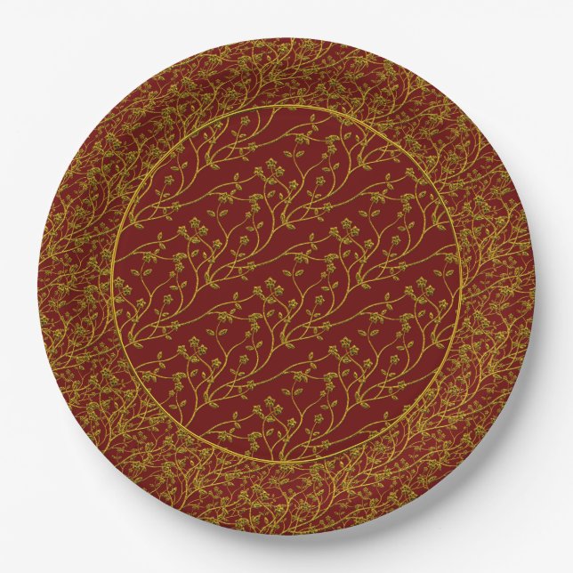 Floral Spray,GOLD-RED 6-PAPER PARTY PLATES (Front)