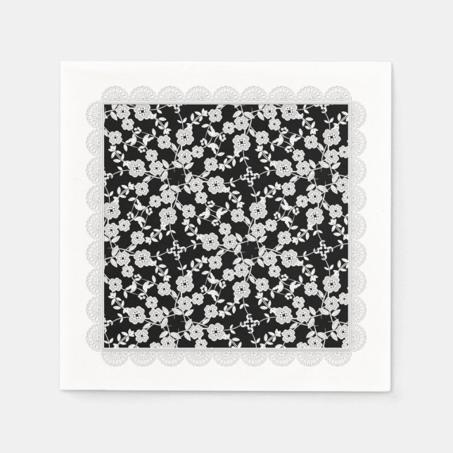 Floral Spray,Lace-White-Black-PAPER PARTY NAPKINS (Front)