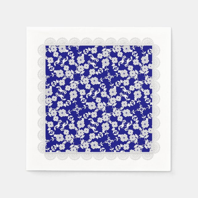 Floral Spray,Lace-White-Blue-PAPER PARTY NAPKINS (Front)