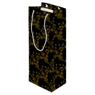 Floral Spray Style 1, Black-Gold-WINE GIFT BAG