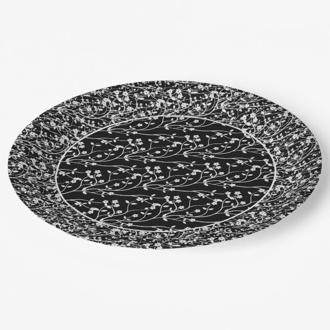 Floral Spray,WHITE-BLACK 6-PAPER PARTY PLATES (Angled)