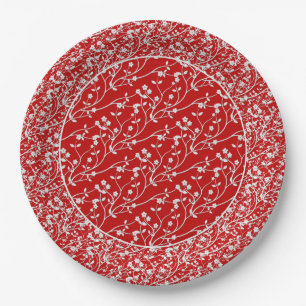 Floral Spray,WHITE-RED 6-PAPER PARTY PLATES