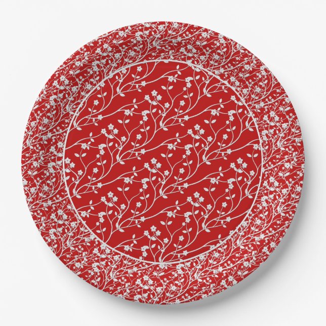 Floral Spray,WHITE-RED 6-PAPER PARTY PLATES (Front)