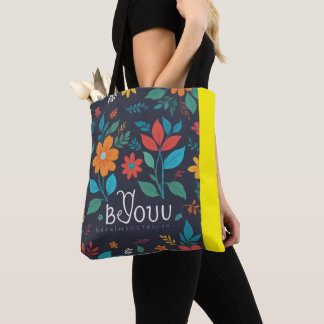 Floral Spring Blooms | Green Black Monogrammed  Tote Bag