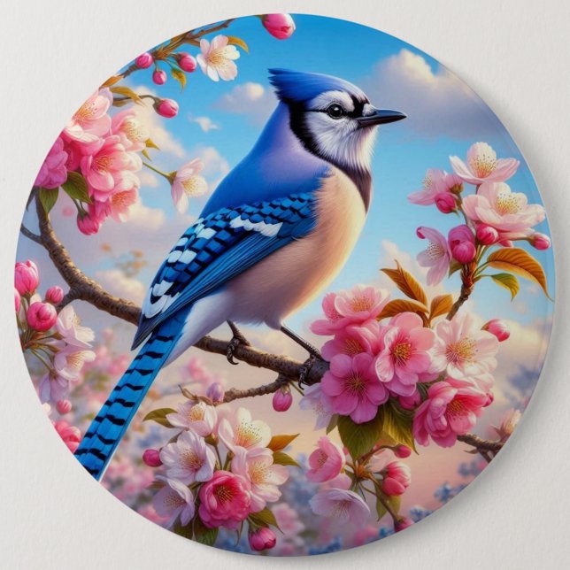 Floral/spring Blue Jay art 6 Cm Round Badge (Front)