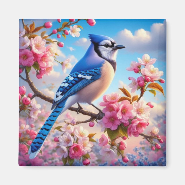 Floral/spring Blue Jay art Magnet (Front)
