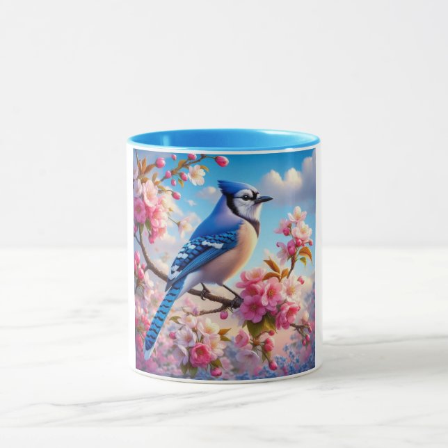 Floral/spring Blue Jay art Mug (Center)
