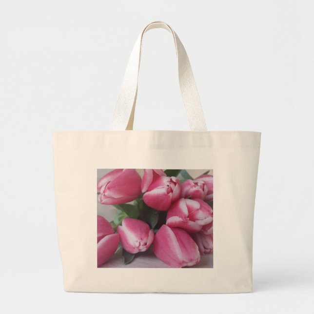 Floral Spring Bouquet of Pink Tulips, Flowers Large Tote Bag (Front)