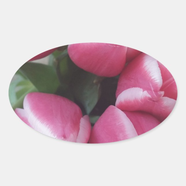 Floral Spring Bouquet of Pink Tulips, Flowers Oval Sticker (Front)