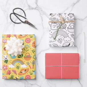 Floral Spring Cute Doodle Colourful Black and Whit Wrapping Paper Sheet