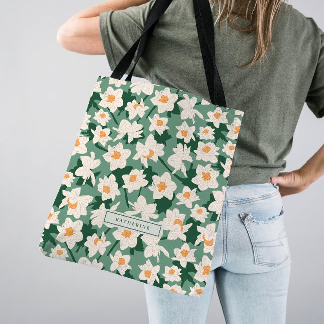Floral Spring Daffodil Blooms | Green Monogrammed Tote Bag (Creator Uploaded)