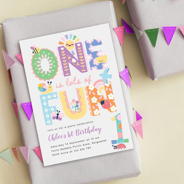 Floral Spring First Birthday, One is lots of fun Invitation (Creator Uploaded)