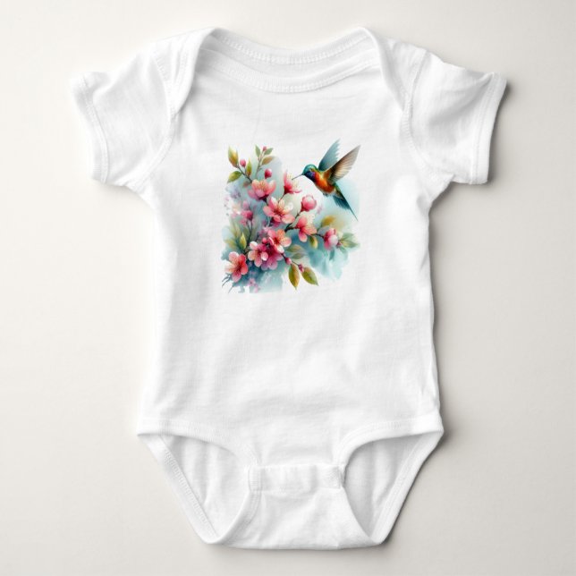 Floral/spring hummingbird artwork  baby bodysuit (Front)
