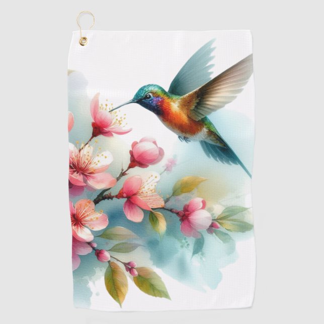 Floral/spring hummingbird artwork  golf towel (Front)