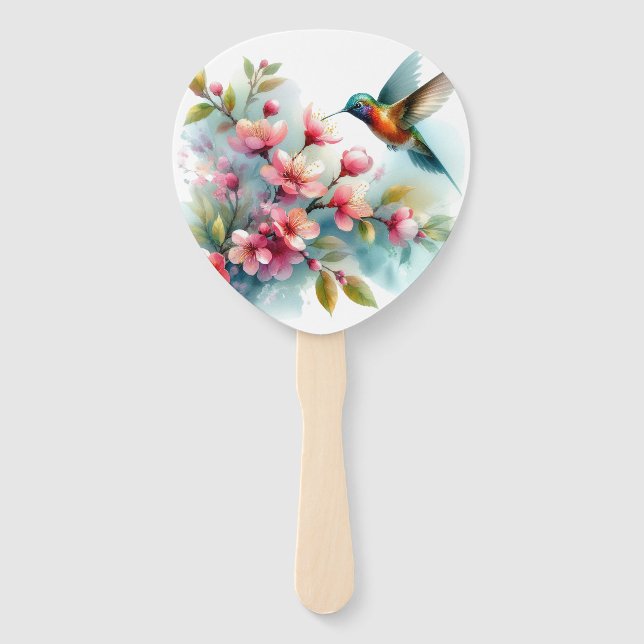 Floral/spring hummingbird artwork  hand fan (Front)