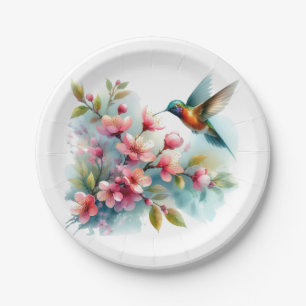 Floral/spring hummingbird artwork paper plate