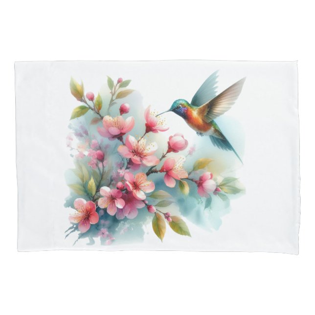 Floral/spring hummingbird artwork  pillowcase (Front)